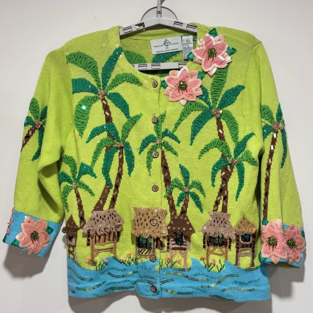 Design Options Philip & Jane Gordon Cardigan Sweater‎ Palm Tree Hut Green MED